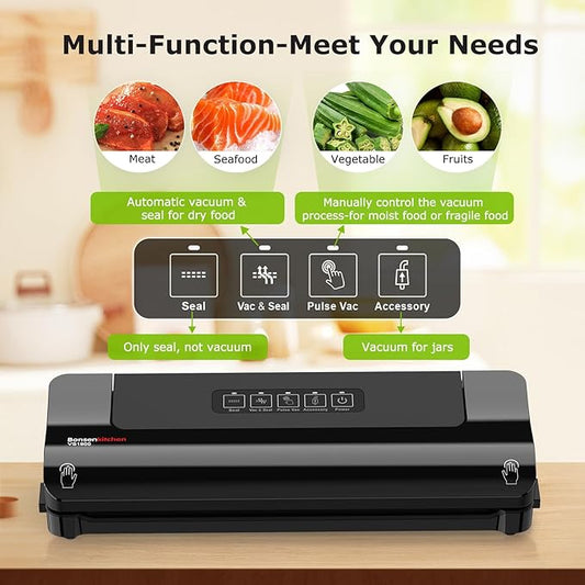 Bonsenkitchen Vacuum Sealer, Multi-Functional Food Sealer with 5 Vacuum Bags, Fast-Compact Design,External Vacuum System & Accessory Tube, Black