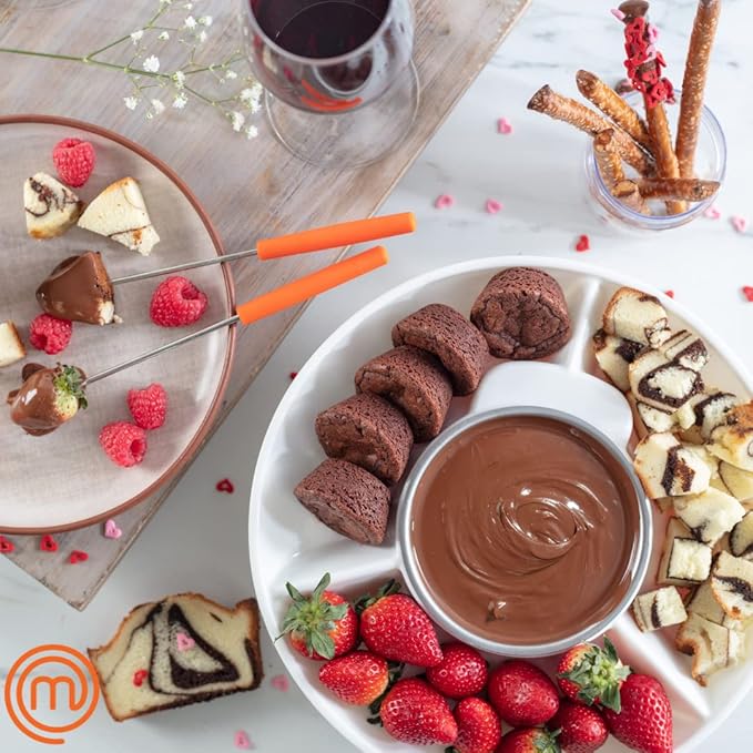 MasterChef Chocolate Fondue Maker- Valentine Must Have- Electric Dessert Fondue Pot Set w 4 Forks, Party Serving Tray- Melt Warm Settings for Caramel Cheese- Charcuterie Appetizers, Sweet Gift for Her