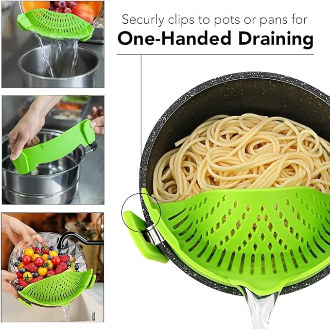 Clip‑On Pot Strainer Silicone Black + Green Dishwasher‑Safe Side‑Mount Design 9.4×4.6×2.5 Inches | Snap Drain Colander for Pans Bowls Skillets | Heat‑Resistant Kitchen Gadget Splash‑Guard