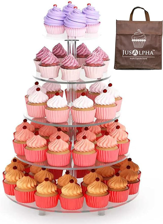 Jusalpha Large 5-Tier Cupcake Stand Acrylic Round Wedding Cake Stand/ Cupcake Tower/ Dessert Stand/ Pastry Serving Platter/ Food Display Stand (5RF)