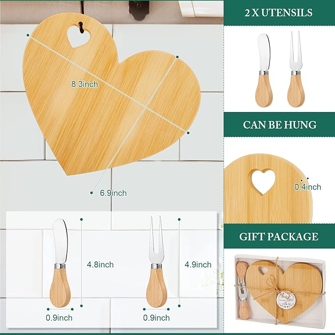 Patelai 24 Set Bridal Shower Favor Heart Cheese Board Cheese Knives Wood Mini Charcuterie Board Thank You Gift Box for Guest Bridal Baby Shower Prize Wedding Birthday Valentines (Bamboo Color)