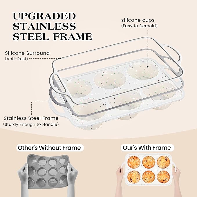 AOTASO 2 Pcs Jumbo Muffin Pan with Metal Frame, Nonstick 6 Cup Extra Large Cupcake Pan for Baking, Silicone Deep Muffin Tray for Egg Bites (Cream)