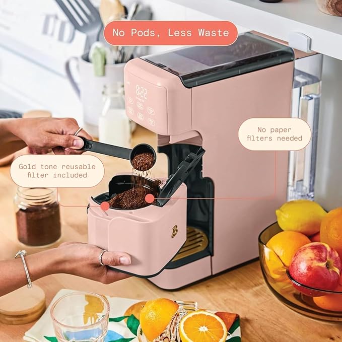 Beautiful Perfect Grind Programmable Single Serve Coffee Maker, Burr Grinder, 64 oz Reservoir, 6 Brew Sizes by Drew Barrymore (Rose)