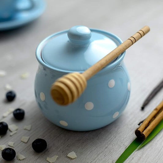City to Cottage Ceramic Sugar Bowl with Lid, 10oz Contanier for Coffee Bar, Sugar Dispenser Bowl, Salt - Condiment Pot for Kitchen Counter, Handcrafted Sky, Baby Blue Polka Dot Sugar Jar