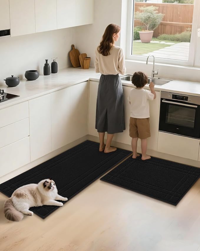 JSEI Kitchen Mats for Floor, Non-Slip Kitchen Rugs, Soft Washable Absorbent Kitchen Mats 2 PCS, Kitchen Runner Rug with TPR Backing, Polyester, 20"x32"+20"x48", Black