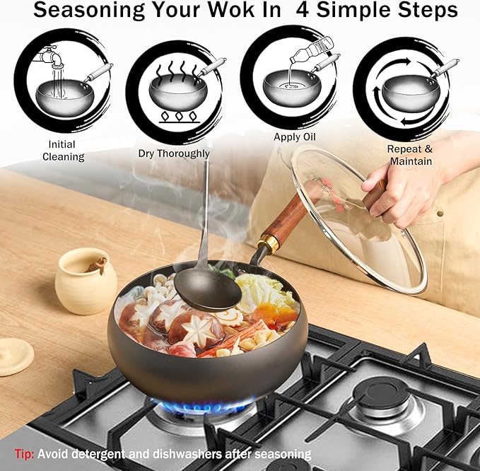 WANGYUANJI Iron Wok Pan 9.5-Inch for 1–2 People, Flat Bottom Stir Fry Wok with Lid & Spatula,Uncoated & Unseasoned Bare Iron, Heavier Design for High-Heat Cooking, Induction Compatible