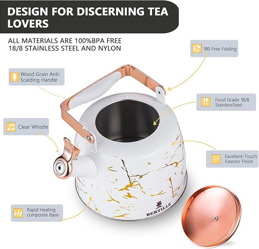 BERTILLE Teapot 2.5QT Whistle Exquisite Teapot for Stovetop, 18/8 Stainless Steel Stovetop Kettle(Gold thread)