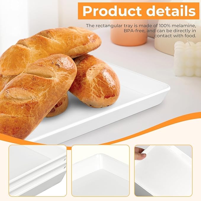 3pcs White Melamine Serving Trays, 11.8x6.2 Inch Reusable Rectangle Appetizer Platters, Plastic Tray for Desserts, Fruit, Cookies, Charcuterie, Snack, Party Food Display - Dishwasher Safe