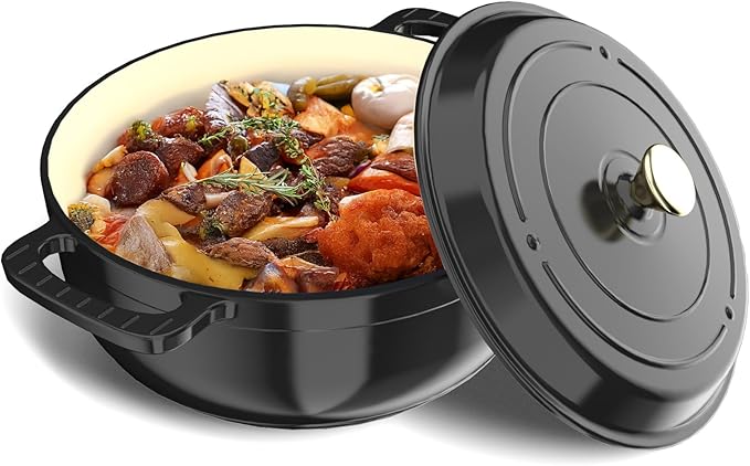 VINGLI 7.5QT Enameled Cast Iron Round Dutch Oven Pot with Lid, NonStick Casserole Pot with Dual Handles & Silicone GlovesRed, Oven Safe up to 500°F or on Stovetop, Dutch Oven for Bread Baking, Black