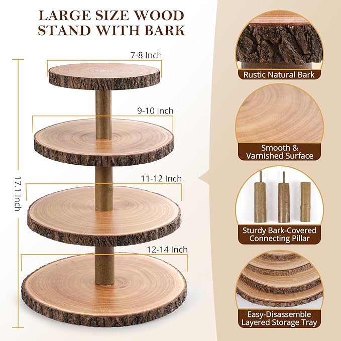 Cupcake Stand Wood Dessert Stands 4 Tier Cupcake Tower Large Cupcake Display Stand Rustic Cupcake Tier Stand for Woodland Baby Shower Decorations/Wedding/Birthday/Party/Farmhouse Decor