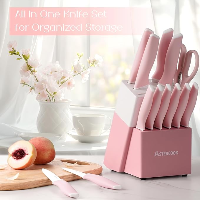 Astercook Knife Set, Kitchen Knives Set with Block and Sharpener Ceramic Coating 15 Pcs German Stainless Steel Knives Sharp Blade Dishwasher Safe Deba Knives with Ergonomic Handle, Crystal Pink