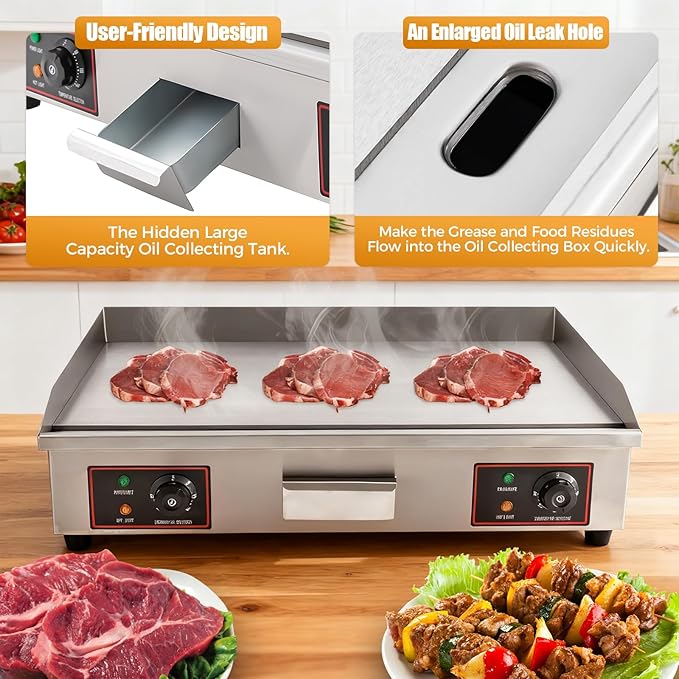 Commercial Griddle, 110V 3KW 30" Electric Griddle 430 Stainless Steel 110V Electric Blackstone Griddle&122°F-572°F Temperature Range Electric Flat Top Griddle for Snack Stores without Plug