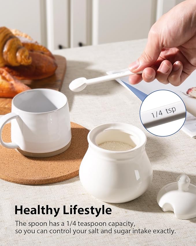 Ceramic Sugar Bowl with Lid and Spoon, 11Oz Sugar Container for Coffee Bar, Sugar Jar/Dispenser, White