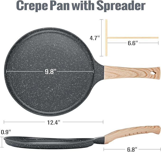 SouxMux Nonstick 11-Inch Crepe Pan with Spreader, Ceramic Coated Dosa Tawa Pan, Induction Compatible Flat Skillet for Pancakes, Omelettes, and More with Cool Handle, PFOA Free