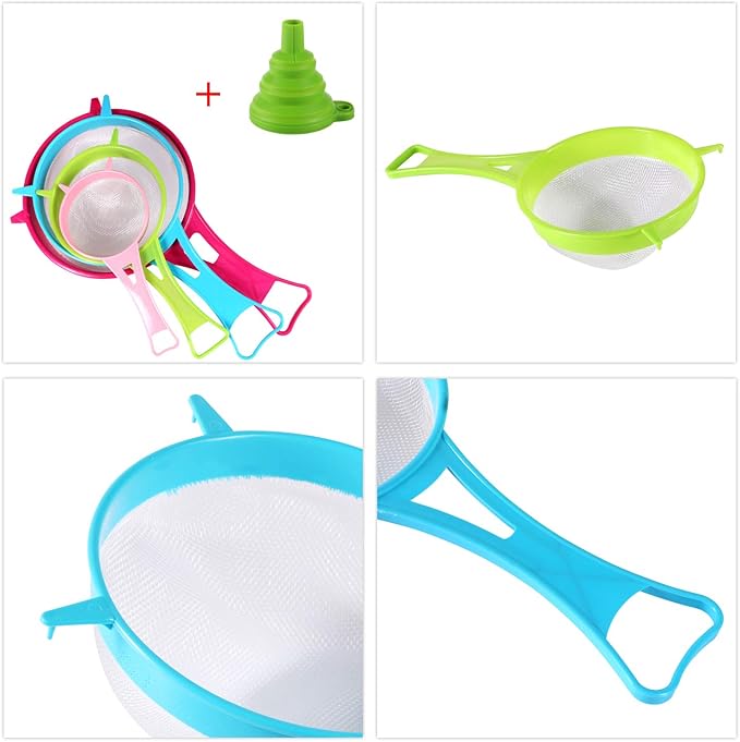 BENBO 4Pcs Plastic Mesh Strainer Colander Set, Food Soy Milk Flour Sieve Long Handle Icing Sugar Sifters Fine Strainer Tea Filter and 2 Pcs Silicone Foldable Funnel for Kitchen