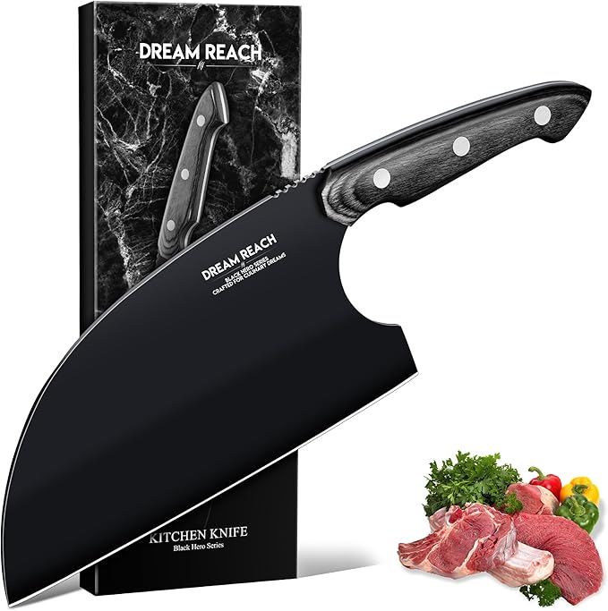 Dream Reach Serbian Chef Knife - Full Tang Butcher Cleaver for Meat Vegetables, Hand Forged Black Chopping Knife for Kitchen Birthday Mother Father Gift Idea