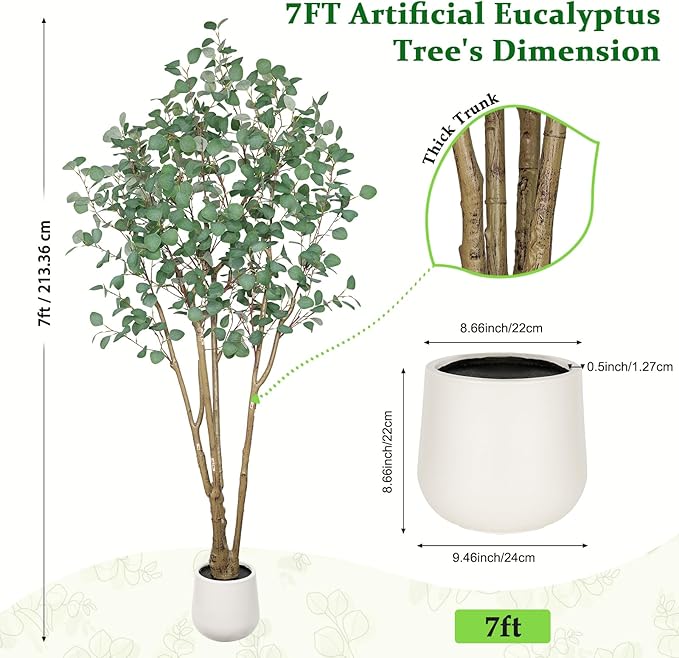 Artificial Eucalyptus Trees with White Planter, 7 FT Faux Eucalyptus Plants Indoor Tall Fake Floor Trees with Silk Leaves and Thick Trunk for Living Room Bedroom Corner Home Office Decoration