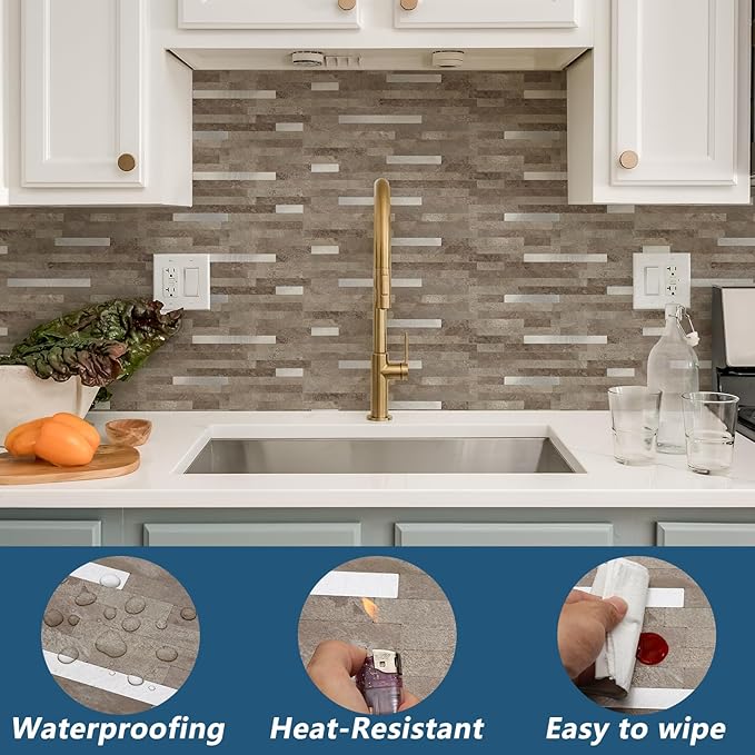 Yipscazo 40 Sheets PVC Wall Tiles Stick on Tiles for Backsplash Kitchen, Bathroom, Laundry Room, Camper, Fireplace (6'' X 12'', Brownish Stone)