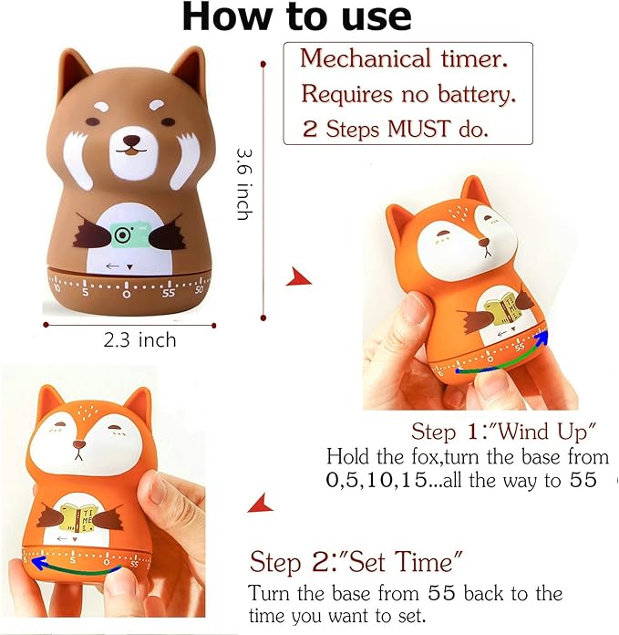 Mechanical Kitchen Timer, Cute Animal Timer for Kids, Wind Up 60 Minutes Manual Countdown Timer for Classroom, Home, Study and Cooking (Brown Lesser Panda)