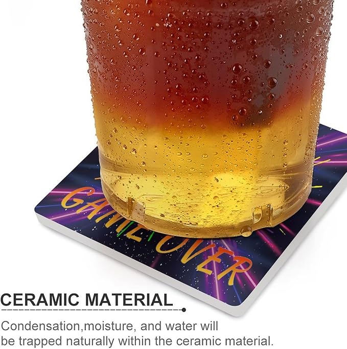 Square-4PCS Gamer Drink Coasters, Square Modern Ceramic Absorbent Coasters, Gaming Graffiti Gamepad Colorful Game Controller Cool Gamer Decor Desk Coffee Table Coaster for Beverage Cup Tea Coasters