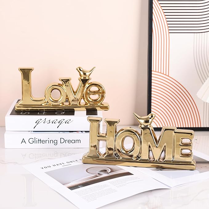 Love Sign Decor,Gold Room Decor Aesthetic, Knick Knack Shelf,Bird Decor, Boho Bookshelf,Abstract Statue,for Living Room,Bedroom, Contemporary Tv Stand Set of 2 (2, Gold)