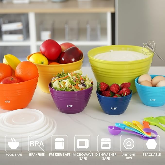LISI 6 Pack Mixing Bowl Set with Lids, Plastic Bowls for Kitchen, Nesting Salad & Meal Prep Bowls, BPA-Free, Large Storage Bowl with Airtight Lids