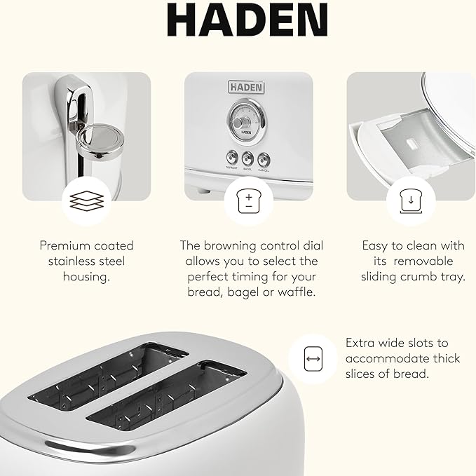 Haden Dorset 2 Slice Extra Wide Slot Toaster with Cool Touch Exterior, Removable Crumb Tray, and 6 Variable Browning Control, Ivory