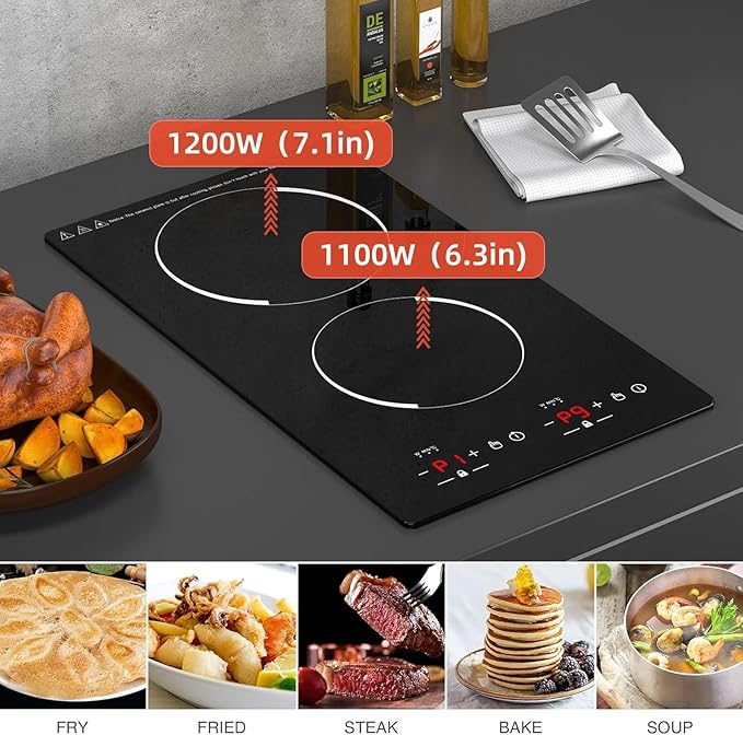 Double Induction Cooktop, WABK 2300W 2 burner Induction Cooker Cooktop, 110V Countertop & Built-in Electric Cooktop with Hot Plate, LED Touch Screen & 9 Power Levels, 2-Hour Timer and Child Lock
