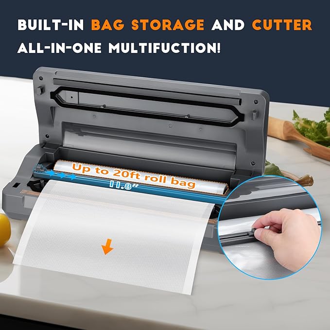 INKBIRD Rechargeable Cordless Vacuum Sealer Machine with 20Ft Bag Storage and Cutter, 5 Food Modes with Starter Kits, Portable & Airtight Vacuum Food Sealer for Camping Fishing Picnic