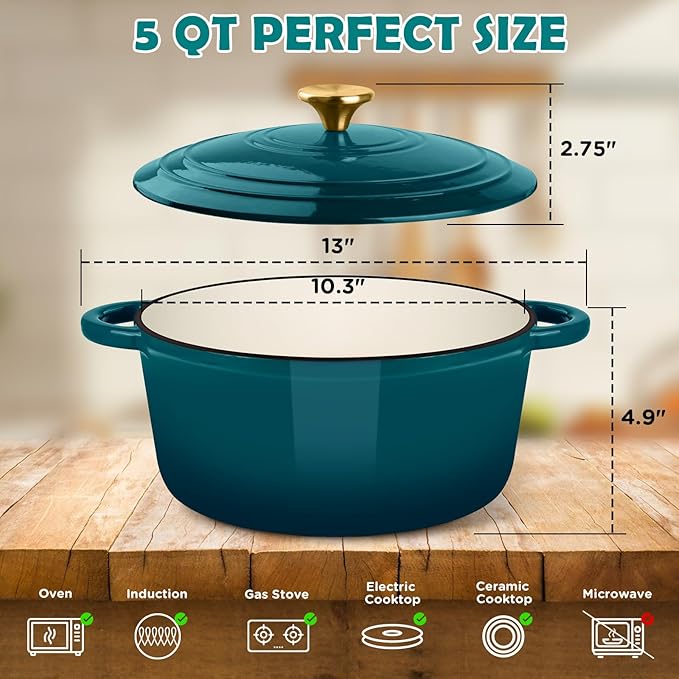 Enameled Cast Iron Dutch Oven Pot with Lid, Incl. Sourdough Bread Baking Supplies Like Banneton Bread Proofing Basket, Starter Jar, Scoring Tool Lame, 5QT Dutch Oven for Bread Baking, Oven Safe up to 500°F