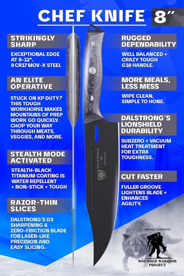 Dalstrong Chef Knife - 8 inch - Delta Wolf Series Knife - Ultra-Thin & Zero Friction Blade - HC Steel Chef's Knife - Black Titanium Nitride Coating - G10 Camo Handle - Leather Sheath