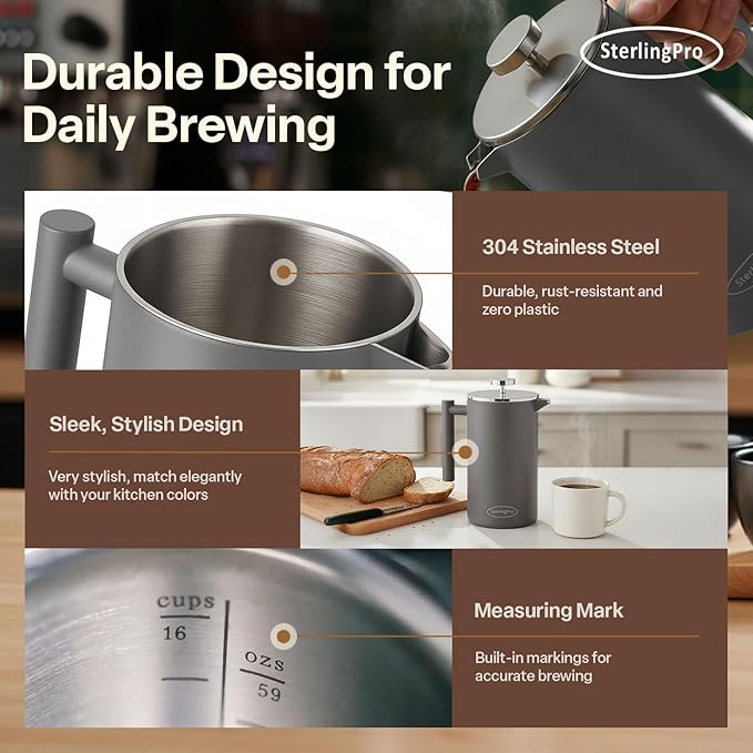 SterlingPro Extra Large French Press Coffee Maker 59 oz (1.75L), Large Capacity Stainless Steel Big French Press XL, Thermal Insulated Largest Coffee Maker with Double Walled Insulation, Gray
