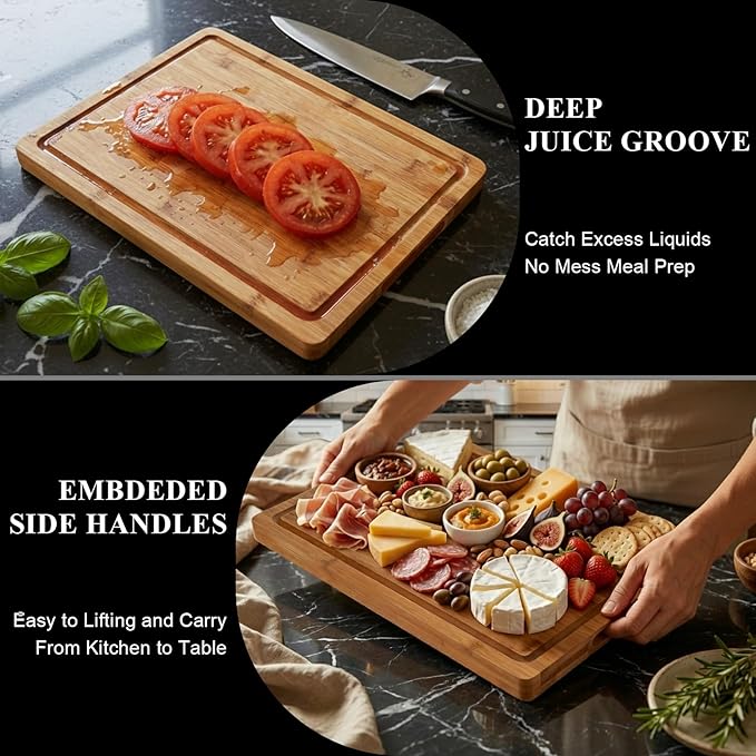 Tafopue Bamboo Cutting Board, 1" Thick Heavy Duty Wood Chopping Board for Kitchen, Built-in Deep Juice Groove and Handles, Reversible Charcuterie Board for Meat BBQ, Gift for Housewarming, 17x12''