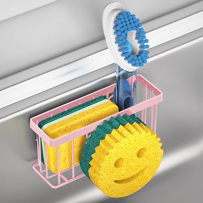 Sponge Holder Smiley Face, Sink Organizer with 2 Suction Cups/1 Adhesive Strips,Designed for Sponge,Soap,Dish Brush,Scrubber - Pink