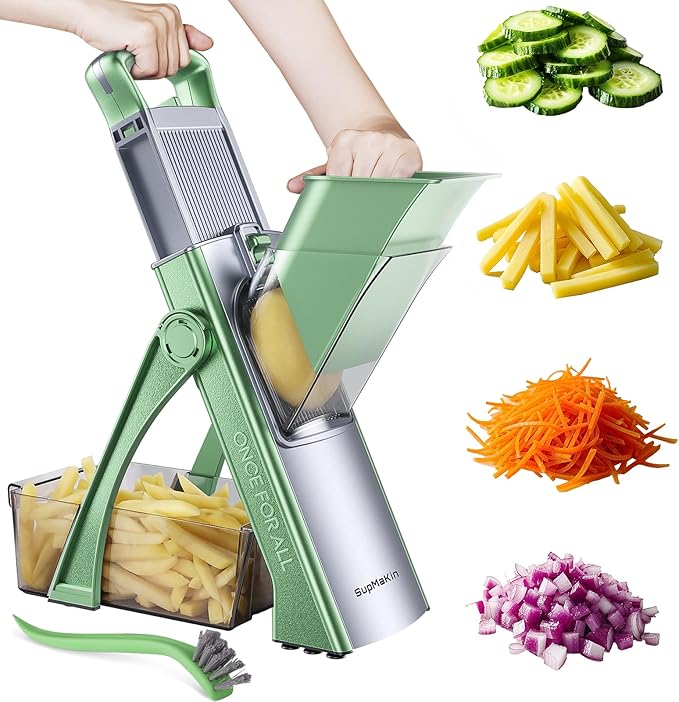 SupMaKin Upgrade Safe Mandoline Slicer Plus, Adjustable Vegetable Chopper Potato Slicer Onion Chopper, French Fries Cutter, Veggie Salad Chopper Kitchen Chopping Artifact (Green)