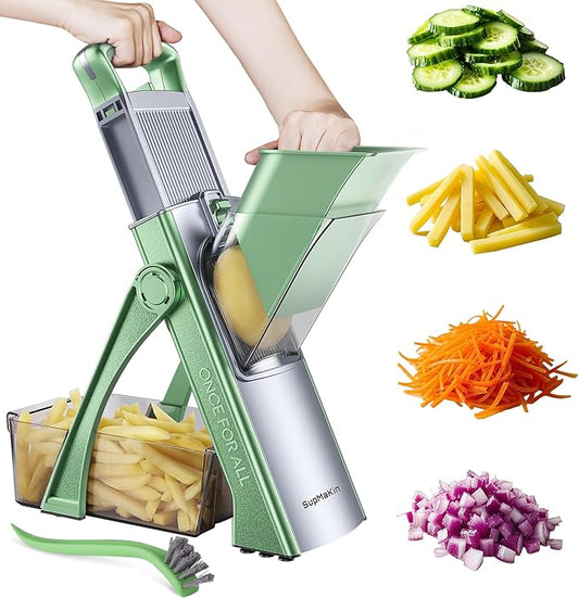 SupMaKin Upgrade Safe Mandoline Slicer Plus, Adjustable Vegetable Chopper Potato Slicer Onion Chopper, French Fries Cutter, Veggie Salad Chopper Kitchen Chopping Artifact (Green)