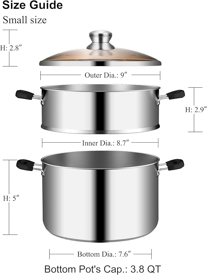 VENTION 8.7 Inch Small Vegetable Steamer Pot, 3.8 QT Induction Stainless Steel Steamer for Cooking, Steam Pot(22cm)
