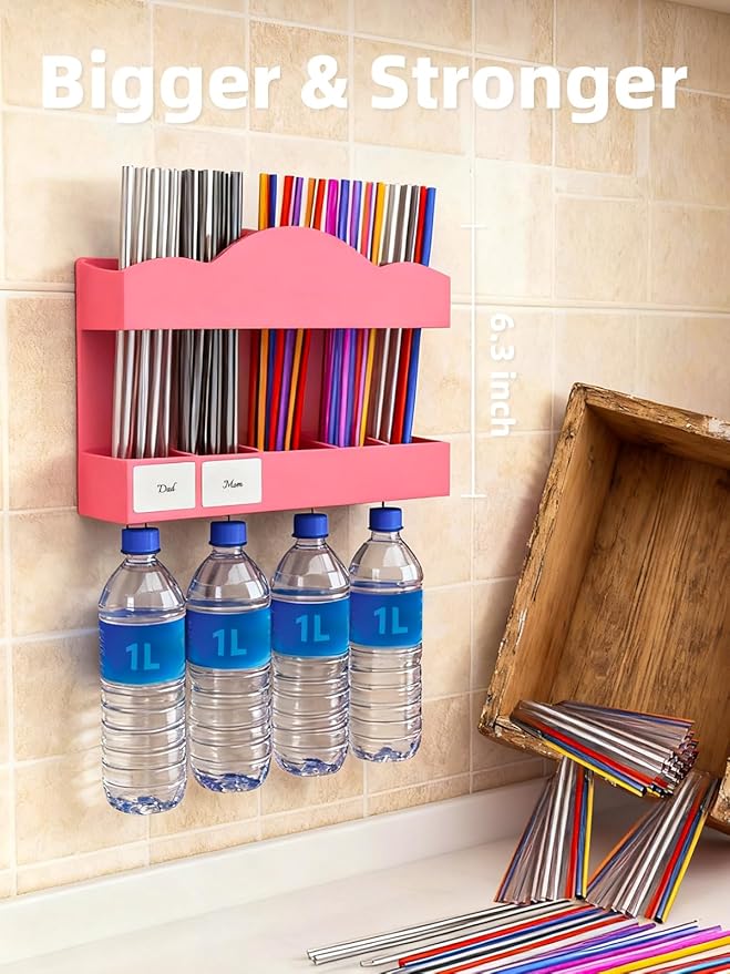 9.8" Acrylic Straw Holder for Cabinet Door - Straw Organizer with Ultra-Sticky Adhesive, Kitchen & RV Essensials, 5-Compartment Storage for Reusable Straws & Brushes, Colored Pencils, Markers