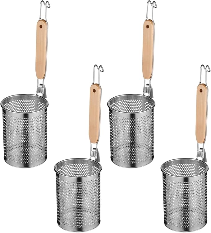 Stainless Steel Pasta Strainer, 4 Pcs Noodle Dumpling Strainers, Blanching Baskets with Wood Handle, Mesh Spider Strainer for Pasta, Noodle, Dumpling (4.6"D x 5.9"H)
