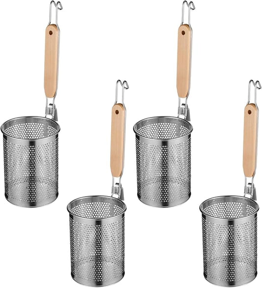 Stainless Steel Pasta Strainer, 4 Pcs Noodle Dumpling Strainers, Blanching Baskets with Wood Handle, Mesh Spider Strainer for Pasta, Noodle, Dumpling (4.6"D x 5.9"H)