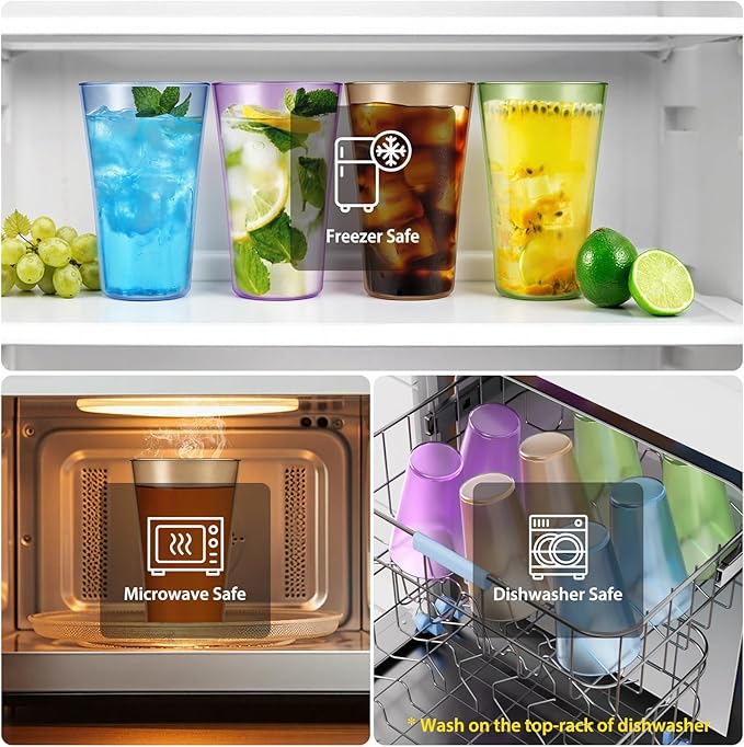 20oz Plastic Tumblers (Set of 8), Multiple Colors Reusable Water Cups, BPA-Free, Shatter-Proof, Dishwasher & Microwave Safe, Stackable Drinking Glasses for Home, Outdoor, Camping, Picnic, Pool