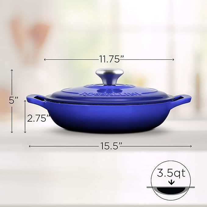 ROSSALLINI Signature Enameled Cast Iron Braiser, Non-Stick Serving Pot with Tight Fitting Lid for Perfect Roasting, Baking, Sauteing, Searing, and Pan Frying | 3.5Q (3.3L) - Indigo Blue