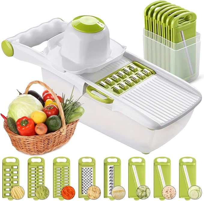 ADOV All in 1 Mandoline Slicer for Kitchen, Multi Function Fruit and Vegetable Slicer Vegetable Cutter, Interchangeable Stainless Steel with Food Container, Hand Protector, Julienne Slicers for Salad