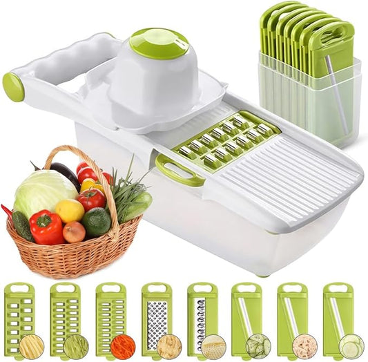 ADOV All in 1 Mandoline Slicer for Kitchen, Multi Function Fruit and Vegetable Slicer Vegetable Cutter, Interchangeable Stainless Steel with Food Container, Hand Protector, Julienne Slicers for Salad