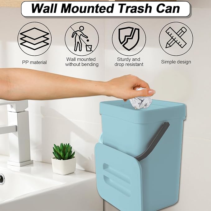 Compost Bin Kitchen, for use on Countertops or Under Sinks, Hanging Trash Can with Lid, for Cupboard/Bathroom/Bedroom/Office/Camping, Mountable Indoor Compost Bucket(Blue 0.8 Gallon/3L)