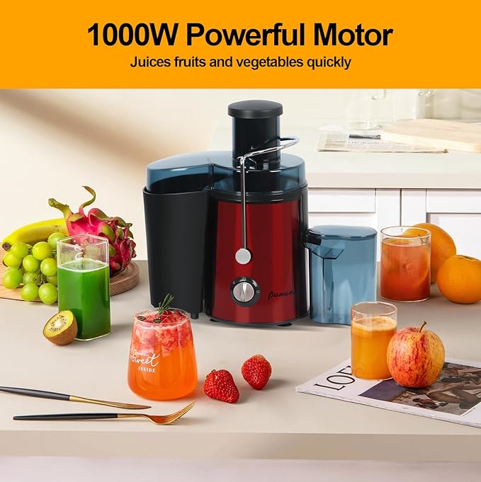 Panana Centrifugal Juicer Extractor with Wide Mouth 3” Feed Chute for Fruit Vegetable, Easy to Clean, Stainless Steel, BPA-free (Red)
