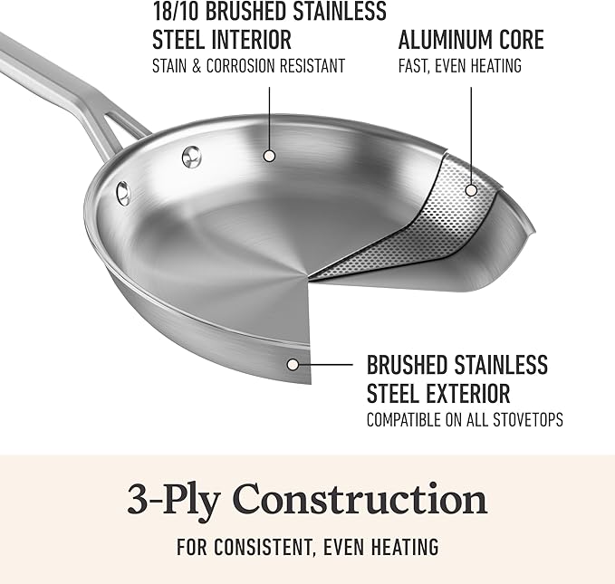 Calphalon Premier Brushed 5-Ply Stainless Steel Cookware Set w/Turbo Heat Tech 3 Piece Includes Fry and Sauce Pan Set, Induction, Oven Safe 450F, Silver