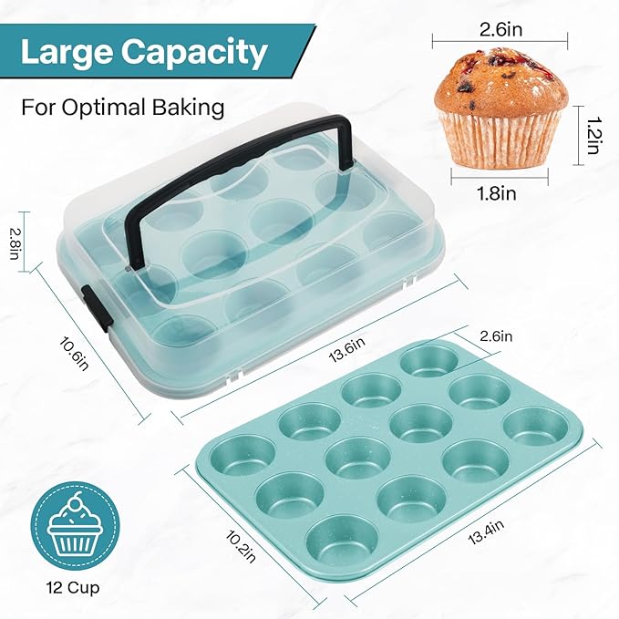 Spmarkt Blue 12-Cup Muffin Pan with Lid, 2-Pack Metal Cupcake Pan with Handle, Portable Blue Muffin Pans Nonstick 12 with Cover Ideal for Easy Carrying, Holiday, Party and Travel