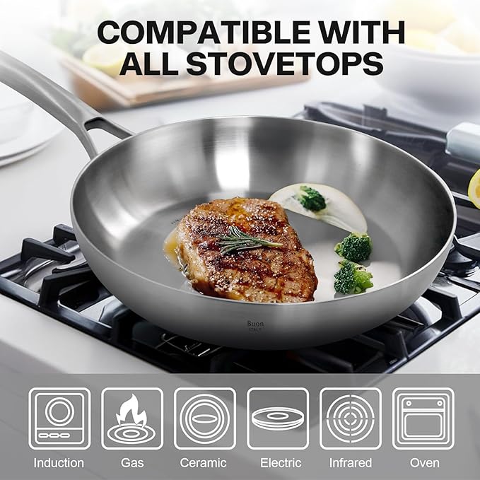 Buon EAT's good 5-Ply Stainless Steel Frying Pan 8 Inch Nonstick Skillet Pan with Lid, Induction Saute Pan for Cooking, Oven Safe Up to 800°F Compatible with All Stovetops