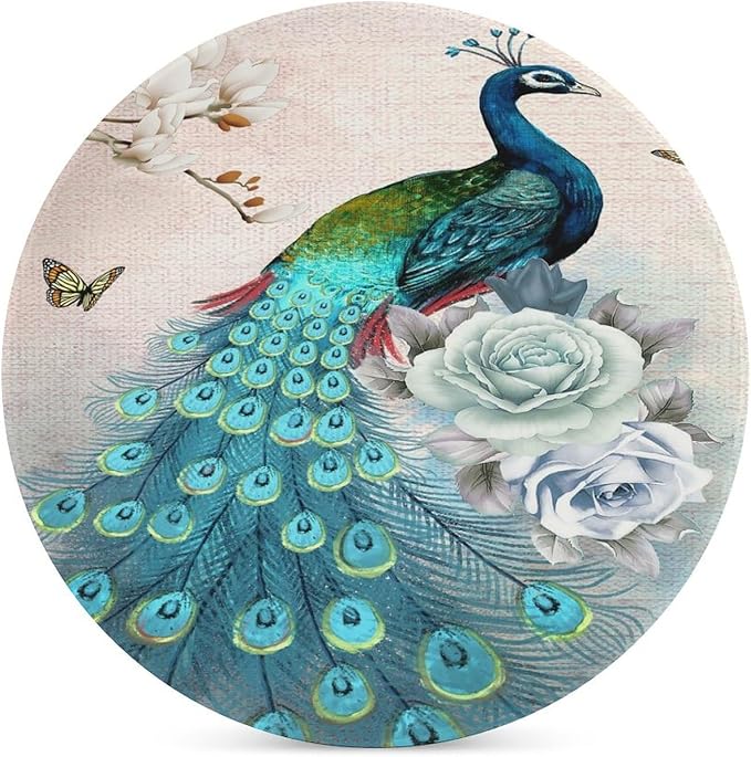 Round-6PCS Peacock Drink Coasters, Round Modern Ceramic Absorbent Coasters, Vintage Tree Branch Beautiful Teal Peacock Floral Decor Desk Coffee Table Coaster for Beverage Cup Tea Coasters